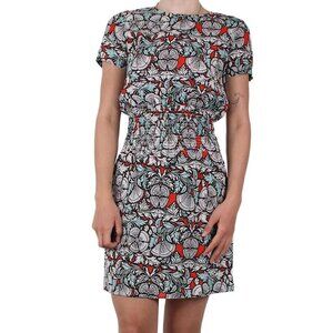 Maje Relia Smocked Waist Mini Dress Blue Red Print